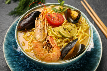 Bowl of tasty Thai soup on dark background