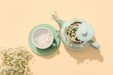 Teapot, cup of water with beautiful gypsophila flowers on color background