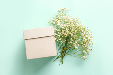Box with beautiful gypsophila flowers on color background