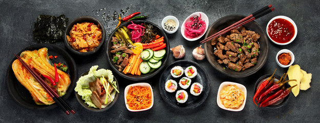 Assortment of Korean traditional dishes. . - obrazy, fototapety, plakaty