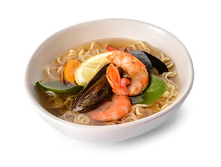 Bowl of spicy Thai soup on white background