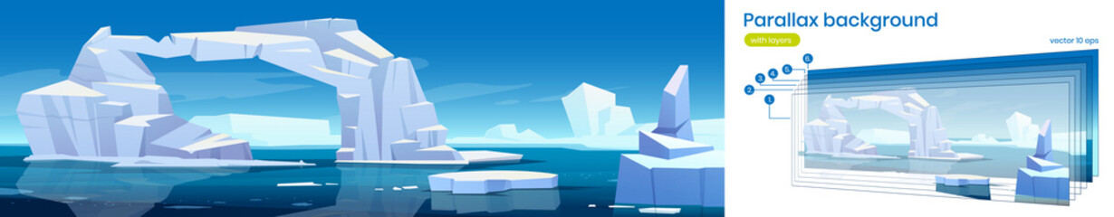 Parallax background arctic 2d landscape, iceberg and glaciers floating in sea. Polar or antarctic nature with ice in blue ocean water. Cartoon separated layers for game scene, Vector illustration