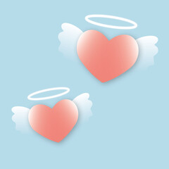 Hearts with angel wings and ring love on blue background. Greeting card for Valentine, Wedding, Mother's, Father's day, birthday, poster and postcard, banner love concept. copy space. design style.