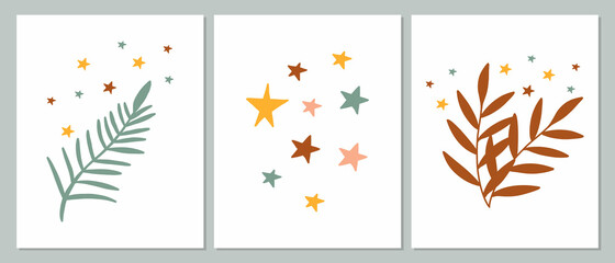 Vector set of posters with branches and stars in kids boho style. Boho style nursery decoration. Posters with leaves.