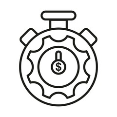 Stopwatch with dollar coin and gear. The concept of the optimal balance of time, productivity and price. Simple outline black and white vector icon. Thin lines