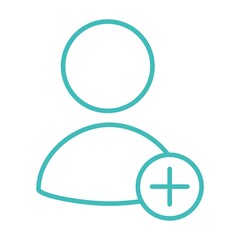 Symbol of a person with a plus sign inside a circle. Button add profile, user, participant for the web. Simple blue outline vector icon with thin lines