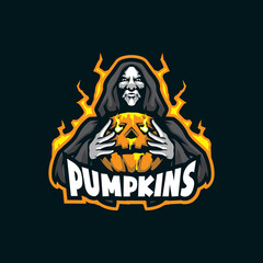 Pumpkin mascot logo design vector with modern illustration concept style for badge, emblem and t shirt printing. Pumpkin in hand illustration.