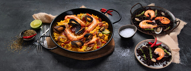 Seafood Paella on gray background.