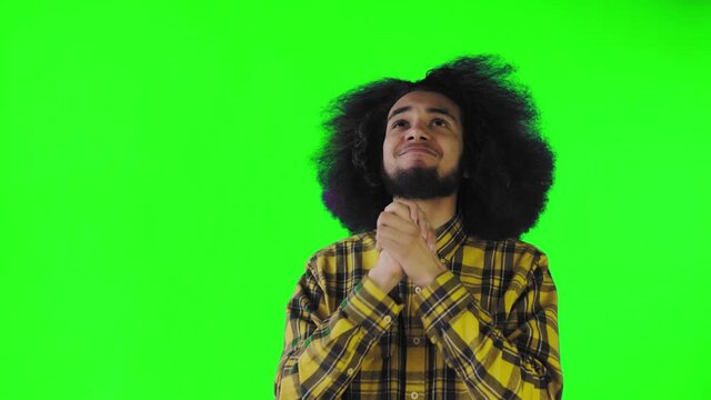 A young man with an African hairstyle on a green background crosses his fingers and prays. Emotions on a colored background.