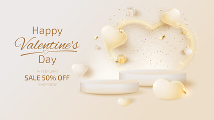 Fototapeta na wymiar Valentine day sale banner template with 3d heart shaped ornaments and podium for product display.
