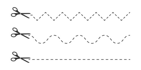 Set of scissors icons with dotted zigzag, wave and straight lines. Cut here pictogram for coupons, vouchers, labels, paper pages. Simple graphic vector illustration isolated on white background.