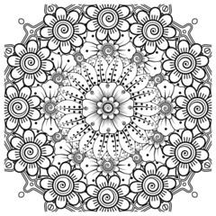 Mehndi flower for henna, mehndi, tattoo, decoration. Decorative ornament in ethnic oriental style, doodle ornament, outline hand draw. Coloring book page.