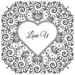 Mehndi flower with frame in shape of heart. decoration in ethnic oriental, doodle ornament.