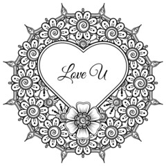 Mehndi flower with frame in shape of heart. decoration in ethnic oriental, doodle ornament.
