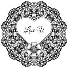 Mehndi flower with frame in shape of heart. decoration in ethnic oriental, doodle ornament.