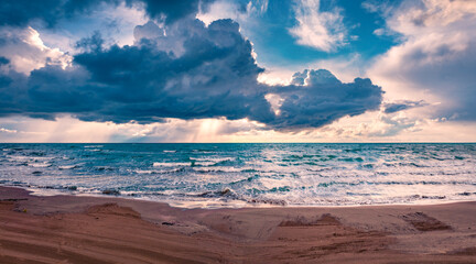 Landscape marine photography. Dramatic summer seascape of Adriatic sea. Majestic evening view of Semanit beach. Impressive outdoor scene of Albania, Europe. Beautiful summer scenery.