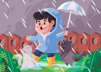 Boy kids children with blue coat and yellow boots holding umbrella playing rain with happiness cartoon flat color isolated background illustration