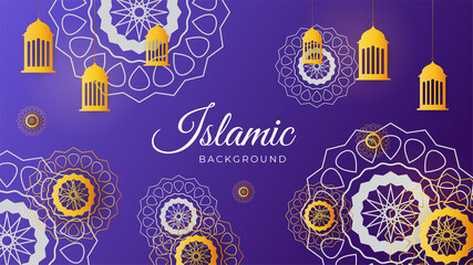 Ramadan Kareem islamic background. Ornamental purple gold pattern Islamic design background. Ramadan Kareem abstract luxury islamic elements background