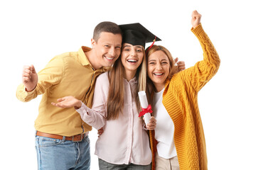 Happy female graduation student with her parents on white background