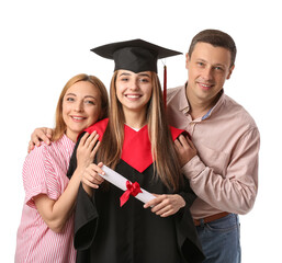 Happy female graduation student with her parents on white background