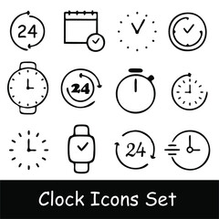 Time and clock icon set, timer, speed, alarm, restore, management, watch thin line symbols for web and mobile phone isolated