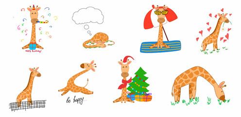 A set with a giraffe in different situations, isolated in the style of doodles. Vector illustration © Юлия Храмцова