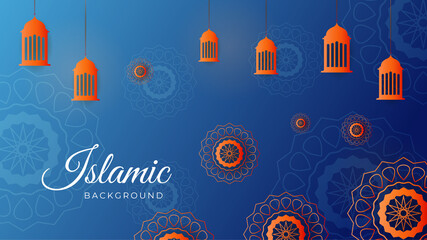 Ornamental arabic blue orange pattern Islamic design background. Islamic Background design for Ramadan Kareem