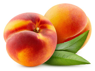 Peach fruit with peach leaf isolated on white background. Peach clipping path. Professional studio macro shooting