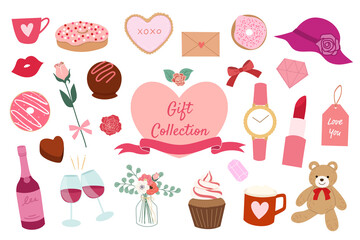 set of gift elements for woman. Vector illustration for wedding, Mother's Day, birthday, and Valentine's Day. 