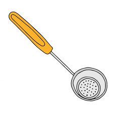 Hand drawn yellow and gray vector illustration of a metal skimmer isolated on a white background