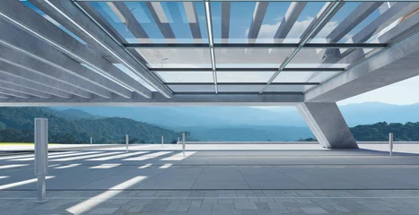 Poster Perspective view of empty concrete floor and modern rooftop building © jamesteohart