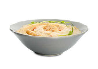Bowl with delicious hummus on white background