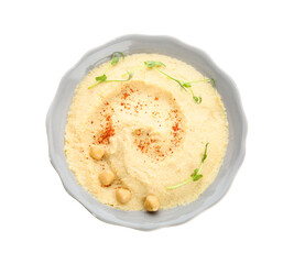 Bowl with delicious hummus on white background