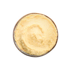 Bowl with delicious hummus on white background