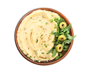 Plate with delicious hummus and olives on white background