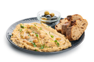 Plate with delicious hummus, bread and olives on white background