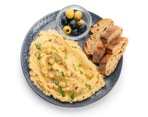 Plate with delicious hummus, bread and olives on white background