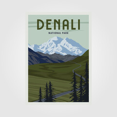 Fototapeta denali national park vintage poster illustration design, denali landscape view obraz