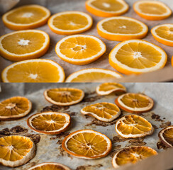 oranges and dried oranges - collage. Fragrant citrus slices for decoration.