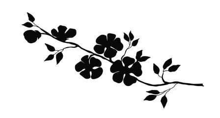 Branch with flowers.Vector illustration. Black silghouette.