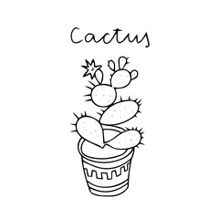 Black outline hand drawing vector illustration of a decorative cactus Prickly pear plant in a pot isolated on a white background with spelling Cactus