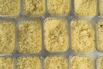 Asian food plastic container. Rice restaurant food delivery for dinner or lunch, japanese food takeout, lunchboxes with meals, top view, healthy food