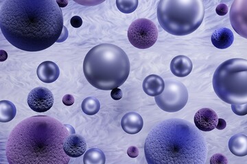 3d render of flying violet balls and fluffy fur spheres on soft purple background toned