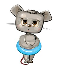 Funny Mouse got ready to swim in an inflatable ring. Funny comic baby animal. Young cute cartoon style. Childrens clipart illustration isolated on white background. Vector