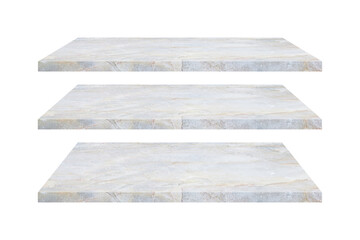 three marble shelf isolated on white background with clipping path for interior and display show...