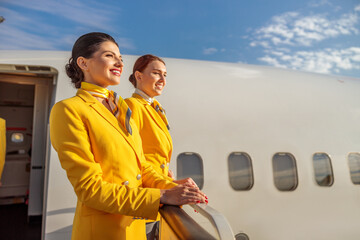 Two cheerful women stewardesses standing near airplane door