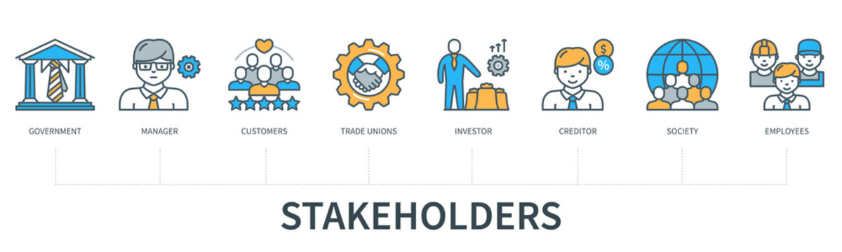 Stakeholders concept with icons. Government, manager, customers, trade unions, investor, creditor, society, employees. Web vector infographic in minimal flat line style
