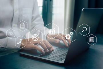 Businessman working with laptop, business analytics concept with digital data diagrams and chart, financial dashboard of company.