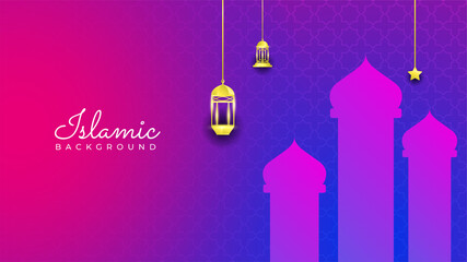 Islamic Background design for Ramadan Kareem. Ornamental mosque arabic blue purple gold pattern Islamic design background