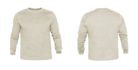 Blank long sleeve T Shirts color sand on invisible mannequin template front and back view on white background
